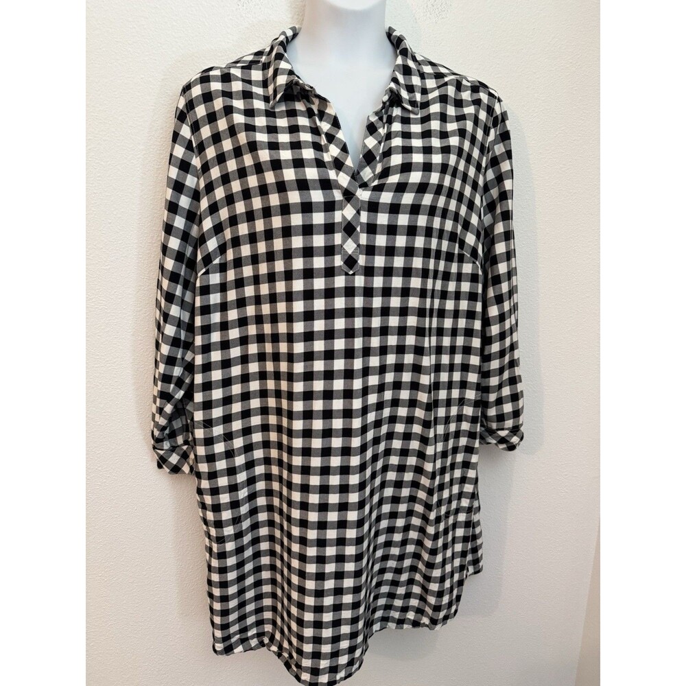 J Jill Size Plus 3X Black White Gingham Relaxed Shirt Dress Roll Tab Sleeve EUC